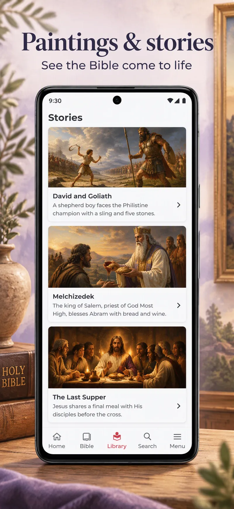 The Stories page with paintings of David and Goliath, Melchizedek, and the Last Supper.
