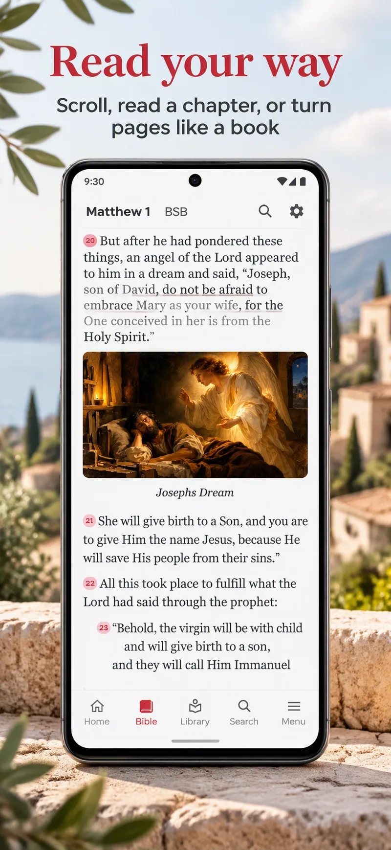The reader at Matthew 1, with a painting of Joseph's dream placed beside the verses it shows.